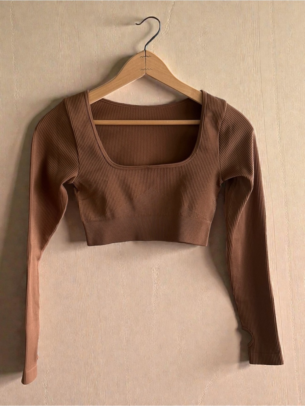 Ribbed Square-Neck Brown Long-Sleeve Crop Top